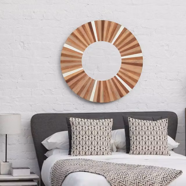 Orsina Floral Round Wood Wall Mirror in Brown – 1