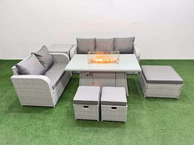 Fimous 8 Seater Grey PE Rattan Wicker Garden Furniture Set with Firepit Dining Table, 3 Seater Sofa, Love Seat and 3 Stools