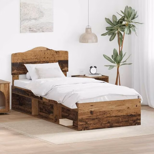Berkfield Home Bed Frame with Headboard in Old Wood Brown, Solid Pine Wood, W/D/H: 75 x 190 cm – 1