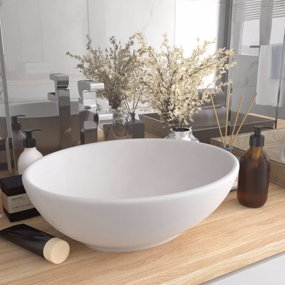 Berkfield Home Luxury Oval Ceramic Countertop Basin in Matt White, W: 40 cm, D: 33 cm – 2