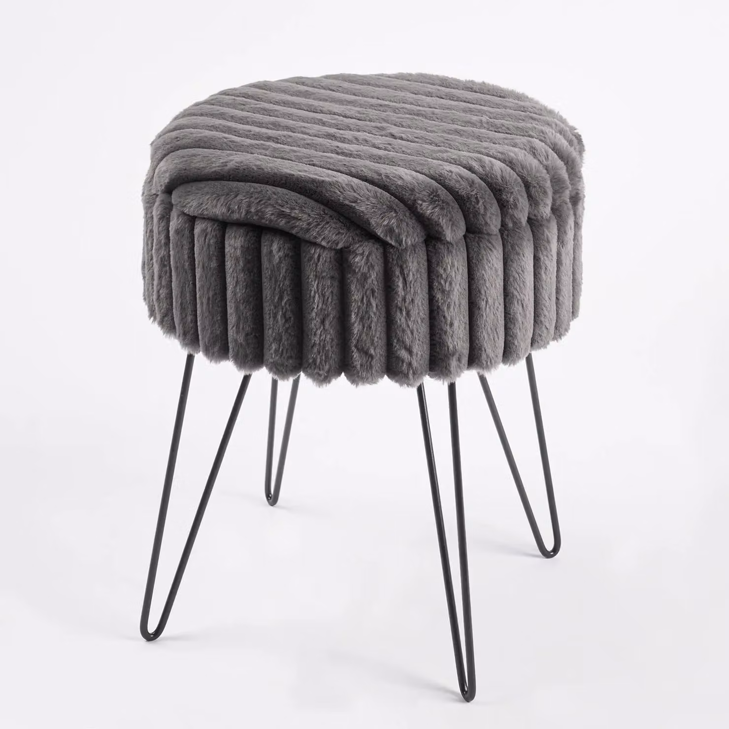 OHS Ribbed Fleece Faux Fur Hairpin Stool Vanity Seat Ottoman in Charcoal Grey – 3
