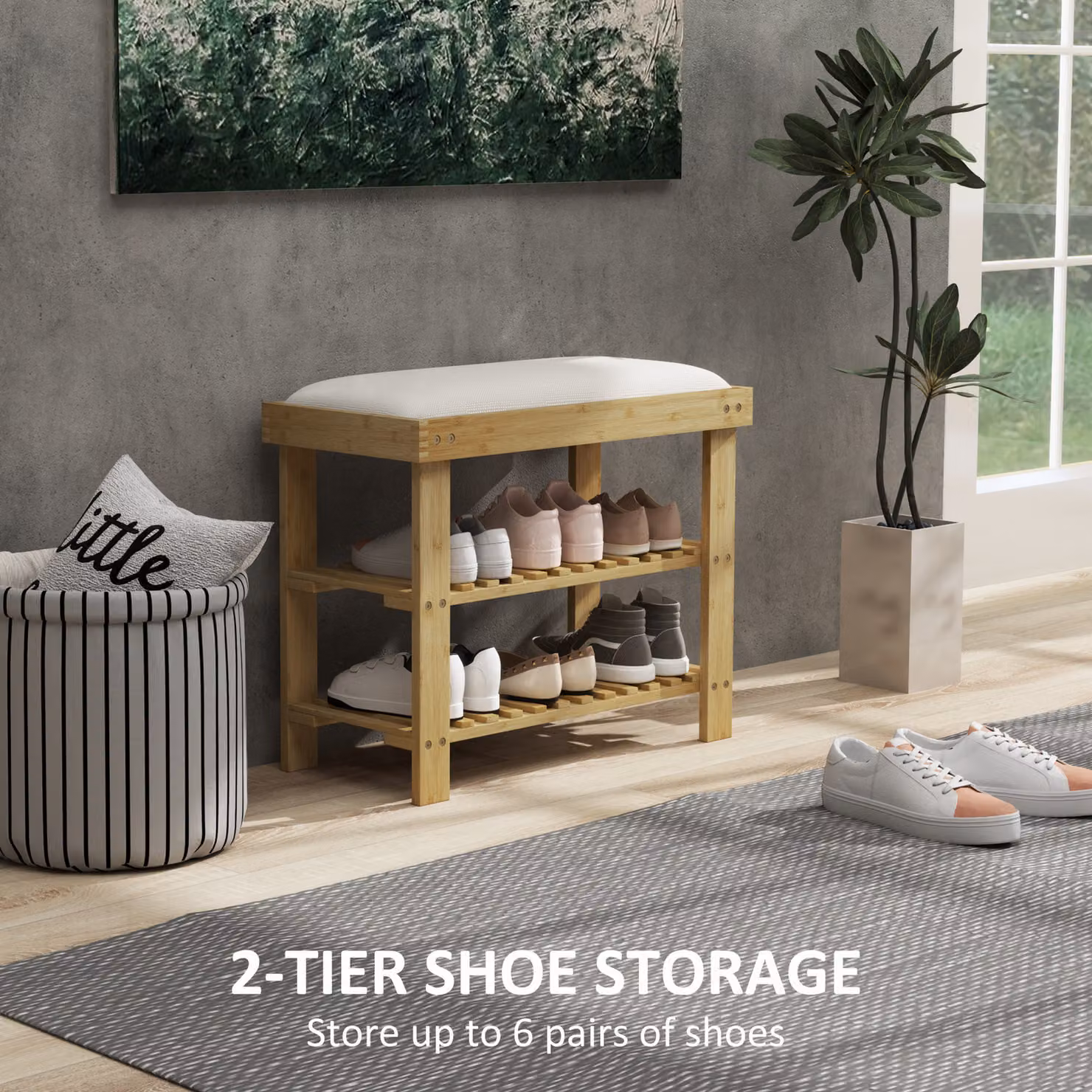 HOMCOM 3-Tier Bamboo Shoe Storage Bench with Fabric Seat Cushion in White – 5
