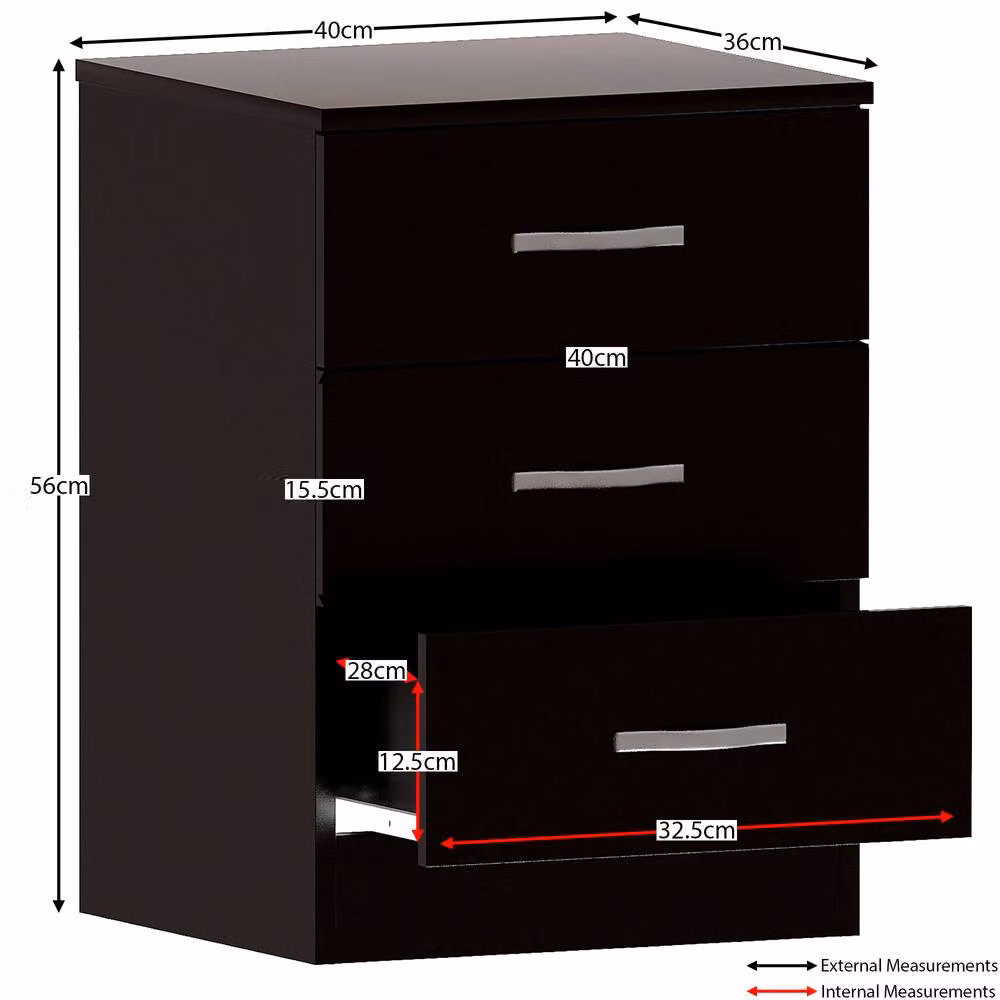 HD Designs Riano 3 Drawer Bedside Cabinet in Black – 2