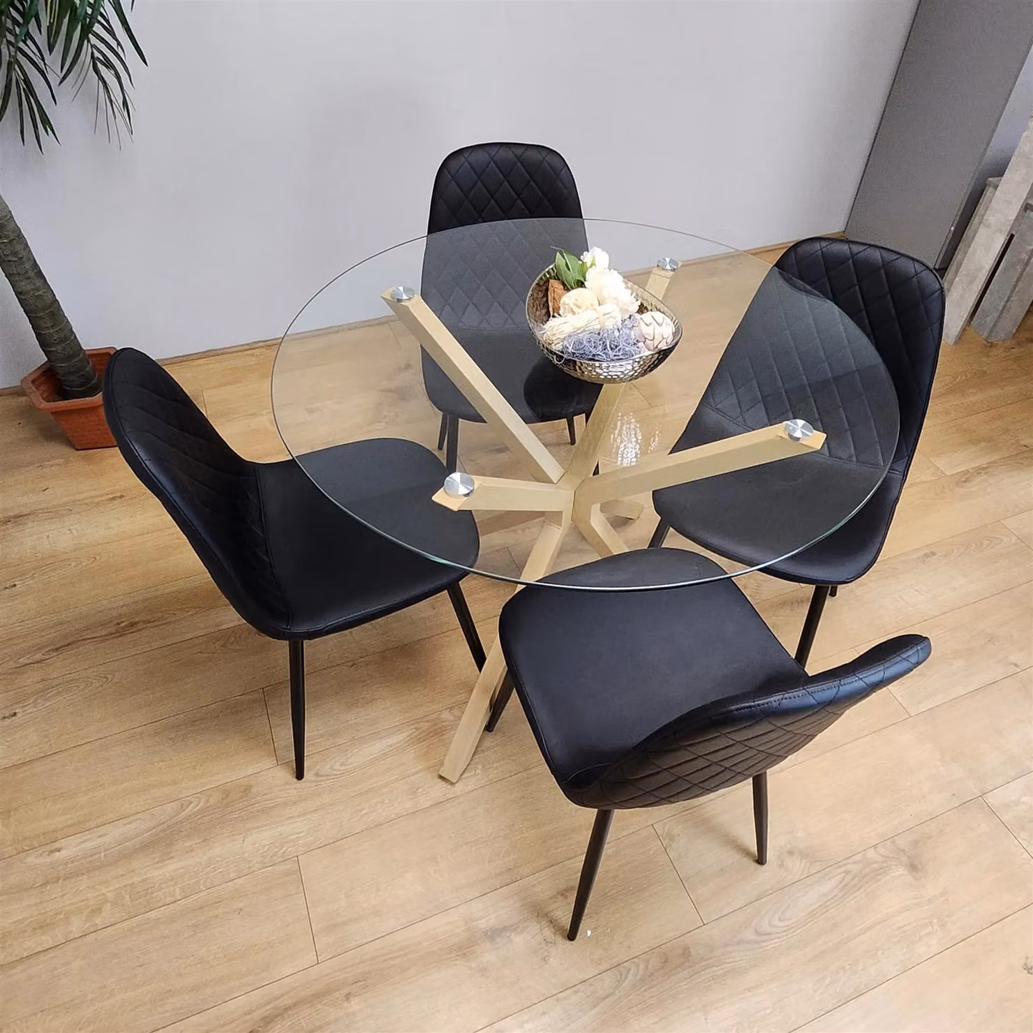 Kosy Koala Round Glass Dining Table Set with 4 Black Gem Pattern Chairs in Clear and Black – 5