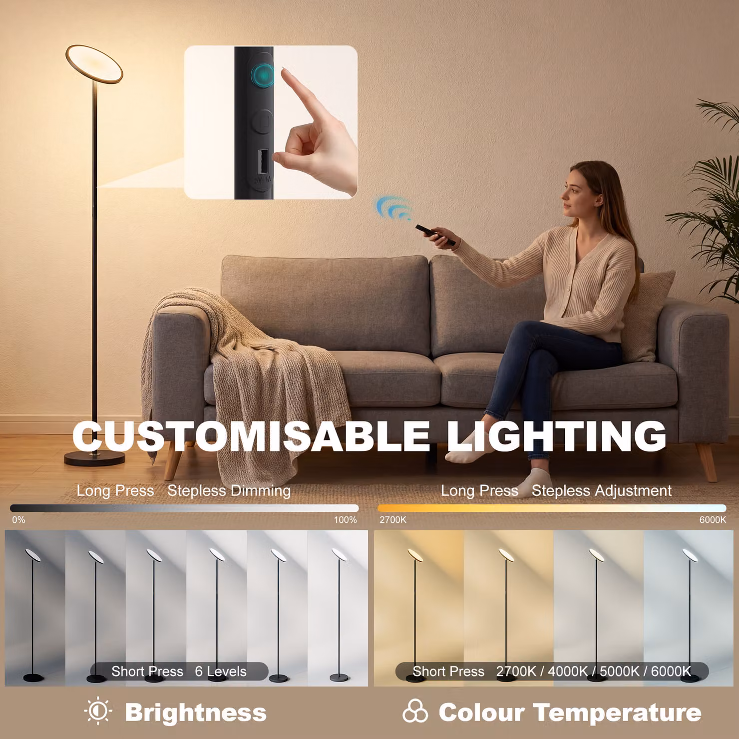 HOMCOM Black Uplighter Floor Lamp with Tuya App Control, Music Sync, RGB Lighting and Adjustable Head – 4