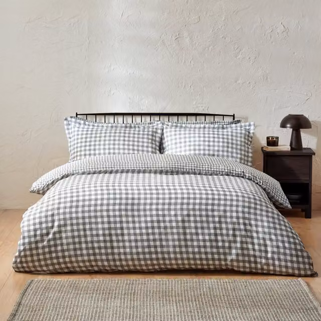 Yard Barton Grey Checked Reversible Cotton Duvet Cover and Pillowcase Set W: 180 cm, H: 200 cm