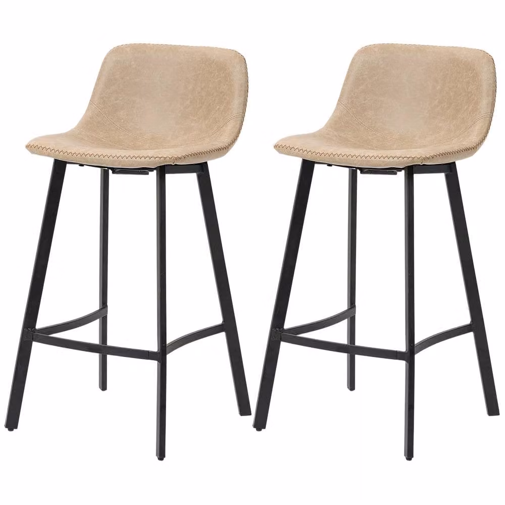 STILVORA Set of 2 Modern Beige Synthetic Leather Bar Stools with Backrest and Footrest – 2