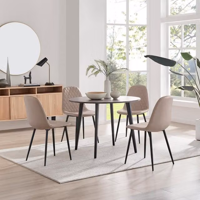 FurnitureboxUK Koko Walnut Effect Round Dining Table and 4 Corona Black Leg Chairs in Cappuccino