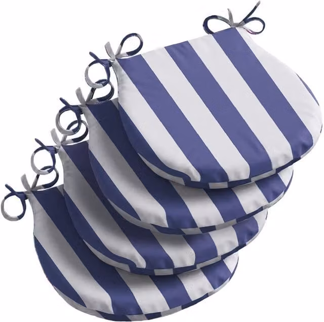 Livinluxury Blue and White Striped Maritime D-Shaped Outdoor Seat Pad, Set of 4