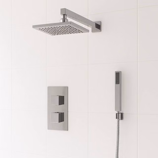 Bathroom Kingdom Avon Chrome Square Thermostatic Shower Set with 250mm Rain Overhead Shower and Hand Shower in Silver