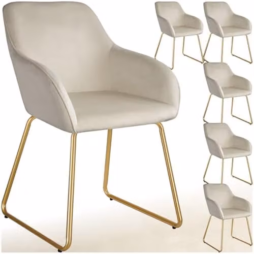 tectake Set of 6 Jeane Dining Chairs in Cream Velvet-Look with Gold Metal Cantilever Frames – 1