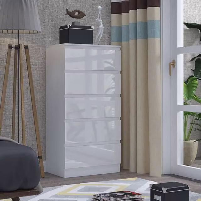 Stora Modern Tall 5 Drawer Chest of Drawers in White Gloss
