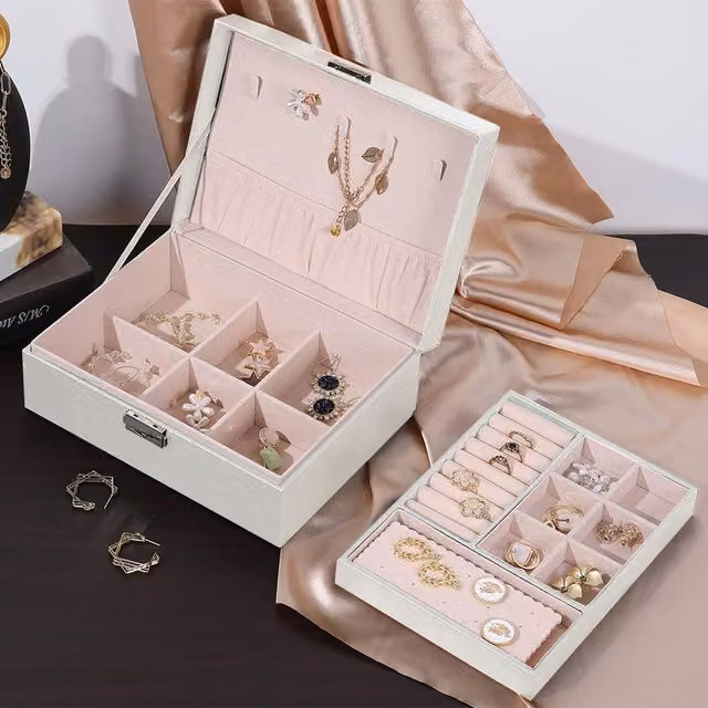 Livingandhome White Fabric Jewellery Box with Lock