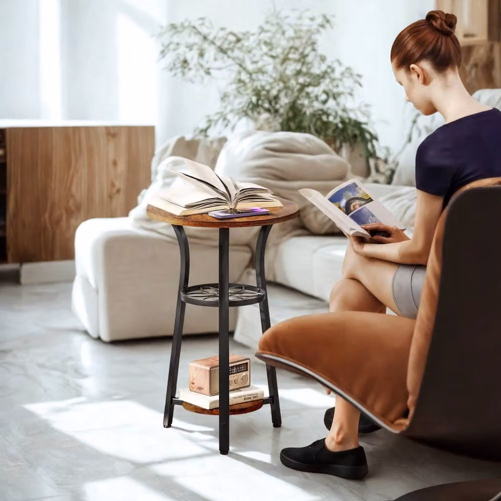 FURNOS 3 Tier Round Small Side End Table in Brown and Black, W/D/H: 38 x 38 x 56.5 cm – 3