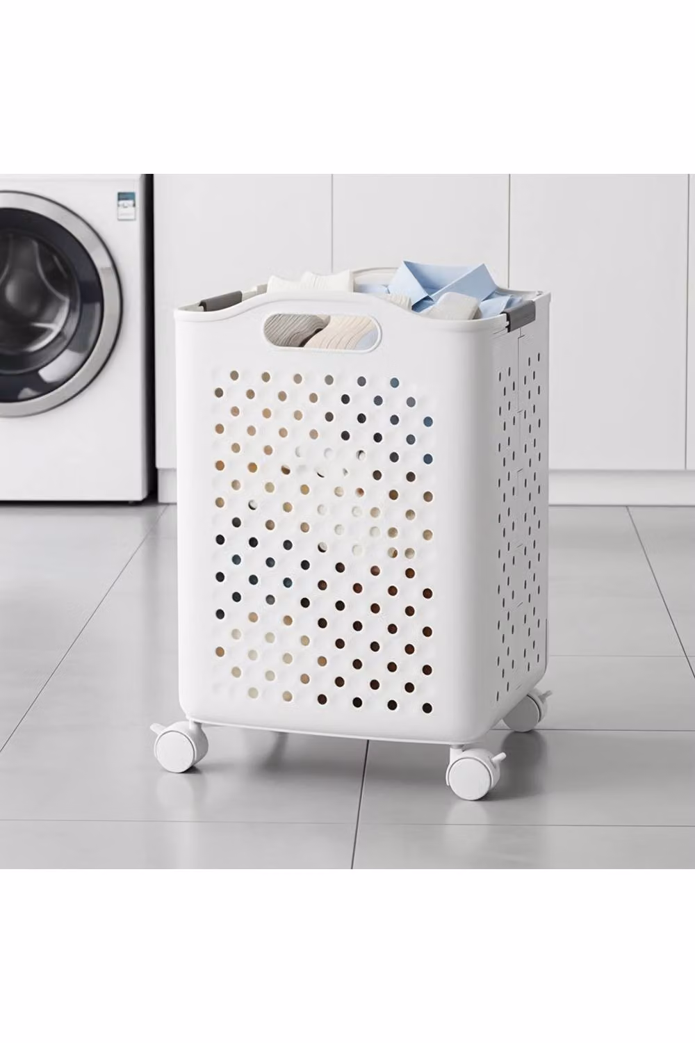 Living and Home Collapsible Laundry Basket with Wheels in White – 2