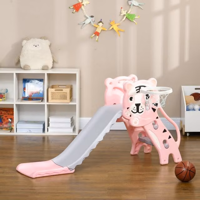 AIYAPLAY 2 in 1 Kids Slide and Basketball Hoop Set in Pink and Blue