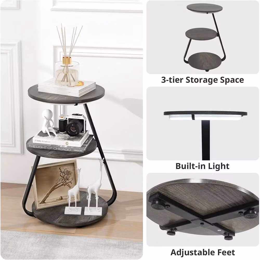 FORGEVIO 3 Tier Small Round Side End Table with Built-in 3 Colour LED Lights in Grey – 4