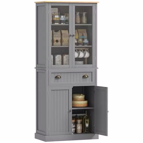 HOMCOM Grey Freestanding Tall Kitchen Cupboard with Glass Doors and Drawers, W: 45.8 cm, D: 40.0 cm, H: 182.5 cm – 1