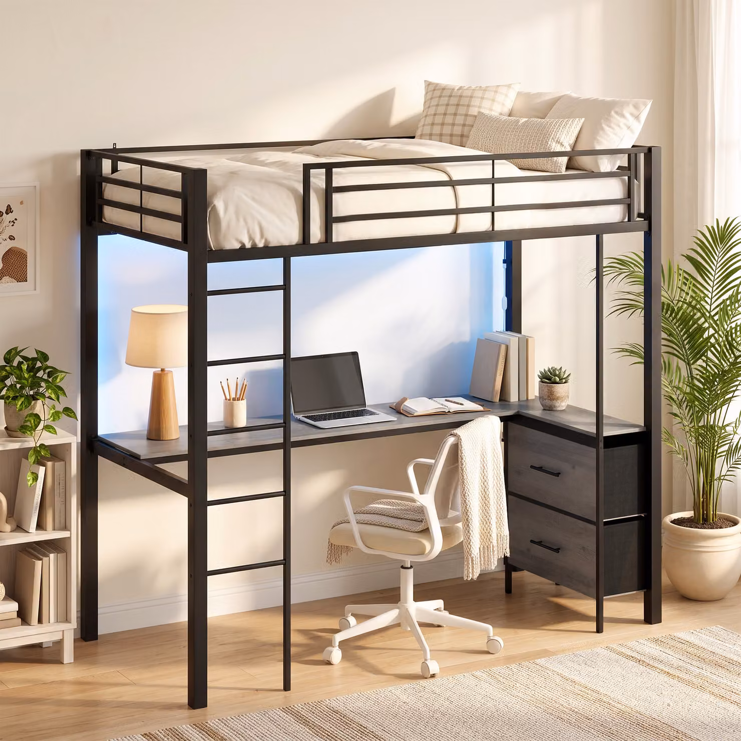 HOMCOM Metal High Sleeper Bed with Desk, LED Under-Bed Lighting and Safety Guardrail, Black, W/D/H: 200 x 120 x 175 cm – 2
