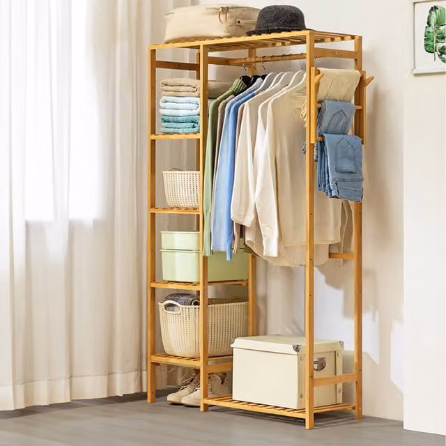 Komore Modern Open Coat Rack with Four-Tier Side Shelf and Hanging Rod in Brown, Width: 90 cm