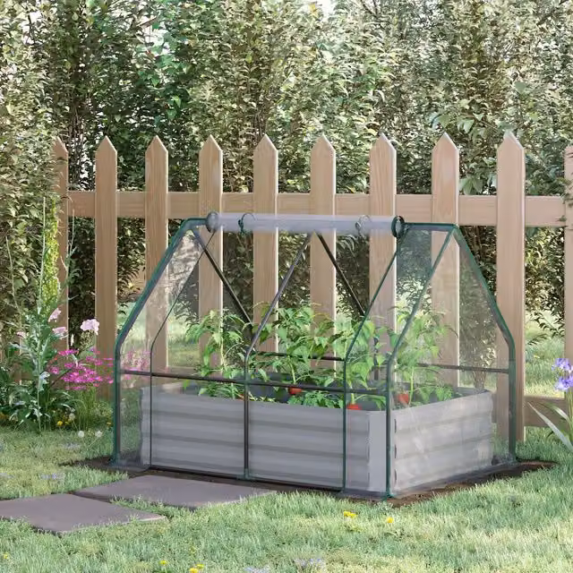 Outsunny Steel Raised Garden Bed Planter Box with Greenhouse and Window in White