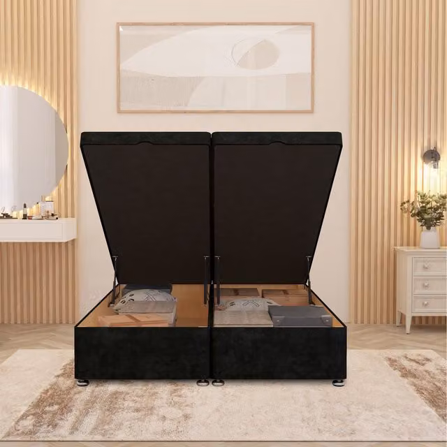 Horizona Single Storage Ottoman Bed with 54 Inch Floor Standing Headboard in Black Velvet