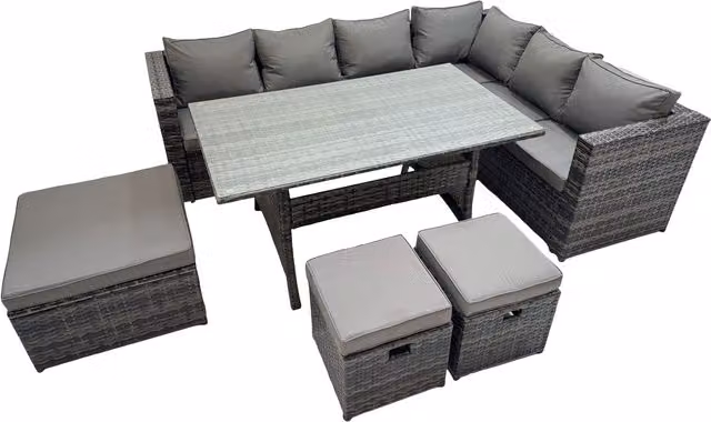 Fimous 10-Seat Dark Grey Mixed Rattan Garden Sofa and Dining Set with Glass Top