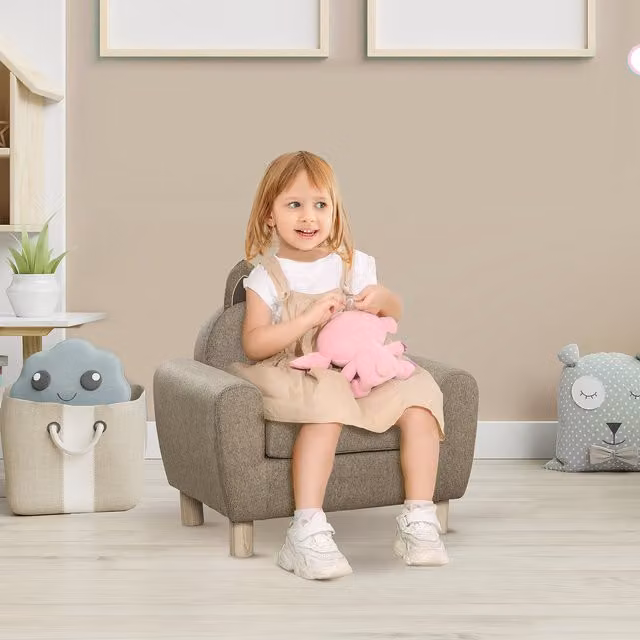 HOMCOM Kids Mini Sofa in Brown and Grey with Upholstered Wood Frame
