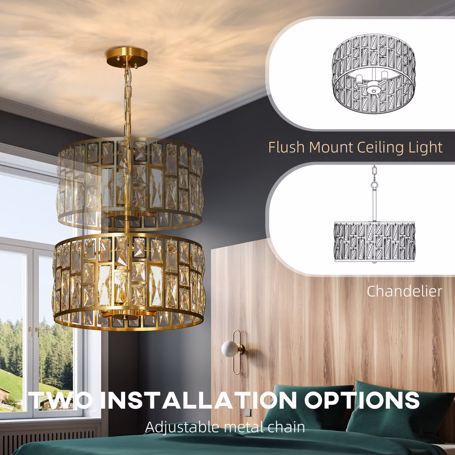 HOMCOM Gold-Tone Glass and Metal Rectangular Crystallite Chandelier, Height Adjustable – 4
