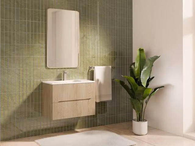 Vente-unique Striped Wall-Hung Vanity Unit in Light Oak, Width: 80 cm – 1