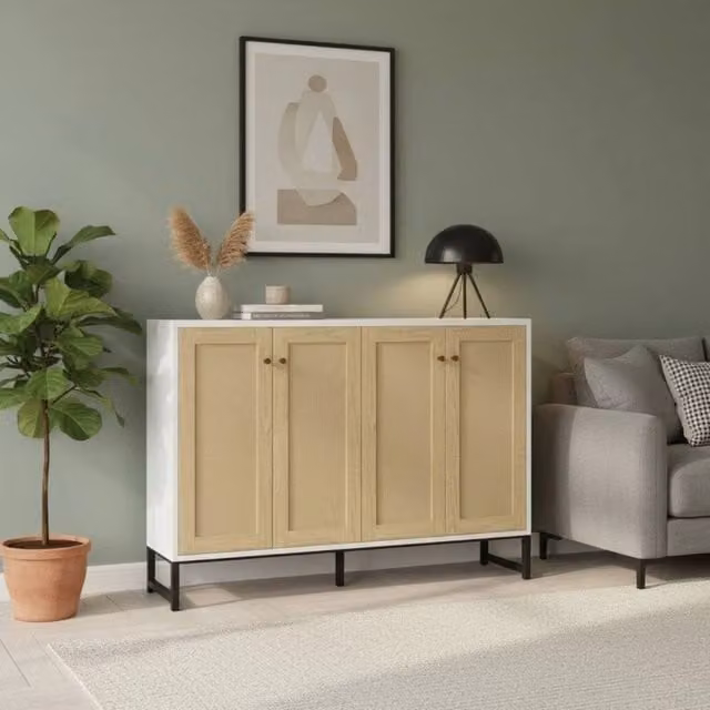 KORVIXA White Rattan 4 Door Storage Sideboard in Natural Wood, W/D/H: 100 x 100 x 100 cm