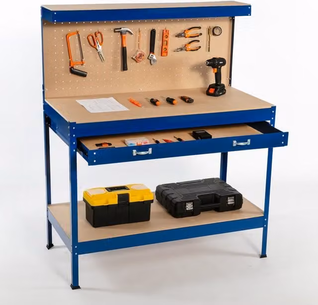 SwitZer Steel Garage Workbench with Pegboard and Drawers, Blue, W/D/H: 140 x 55 x 115 cm