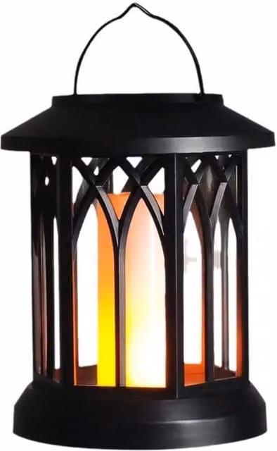 NESTLUNE 2-Piece Set of Black Metal Solar Hanging Lights with LED Flickering Flame
