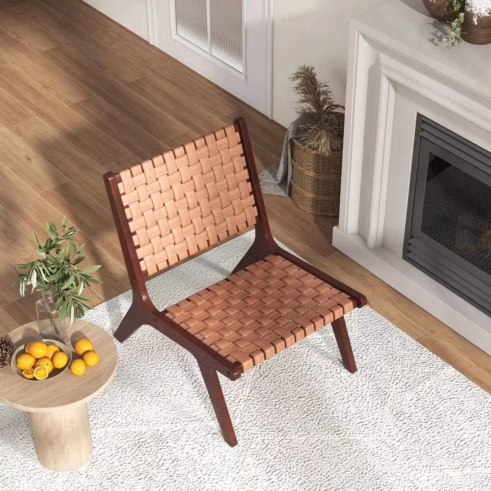 Kelvenix Set of 2 Modern Woven Brown Synthetic Leather Accent Chairs with Solid Rubberwood Frame – 4