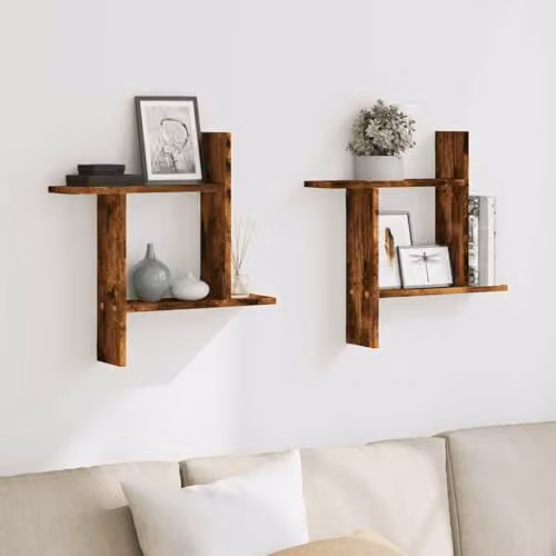 vidaXL Set of 2 Wall Mounted Shelves in Smoked Oak, W/D/H: 50 x 12 x 50 cm – 2