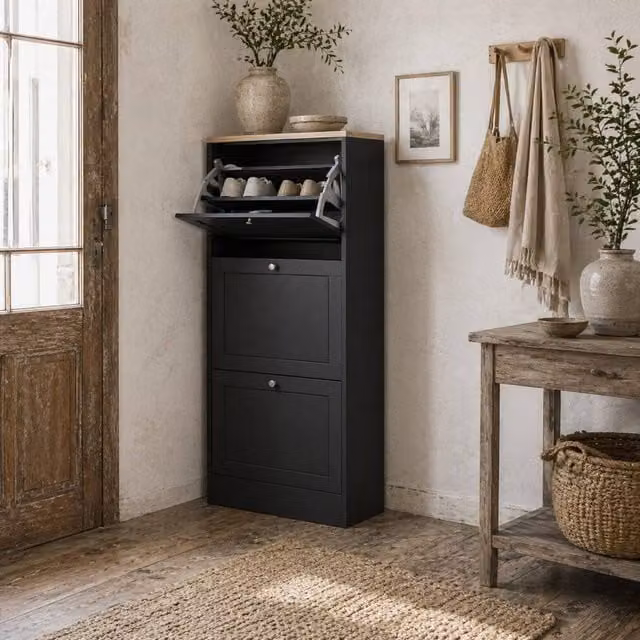 Wyld Haus Rani Black Matt Compact 3 Drawer Wall Mounted Shoe Cabinet W/D/H: 60 x 115 x 30 cm