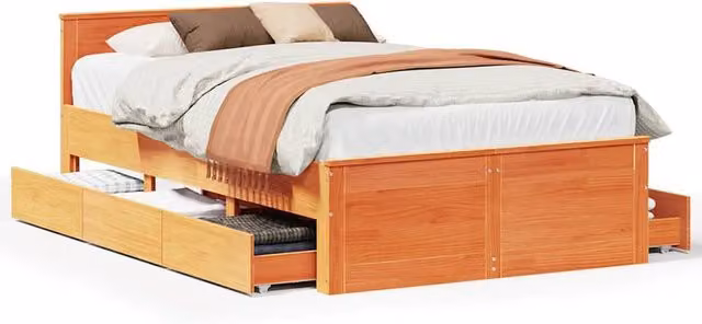 Berkfield Home Solid Pine Bed Frame with Headboard in Wax Brown, W: 135 cm, L: 190 cm