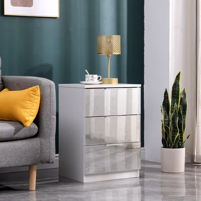 HMD Furniture Modern White Glossy Mirror Glass Bedside Table with 3 Drawers