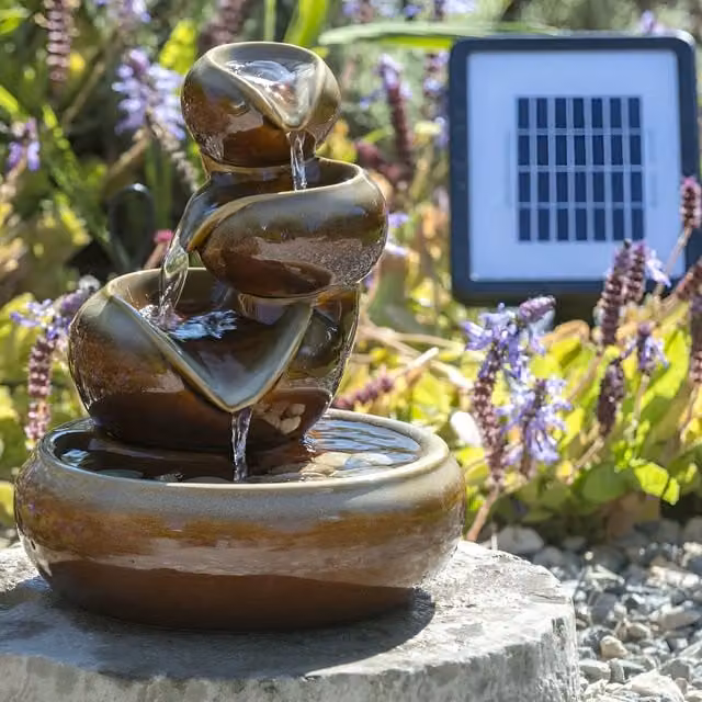 Primrose Cosmos Ceramic Solar Powered Tabletop Water Feature Cascade in Brown