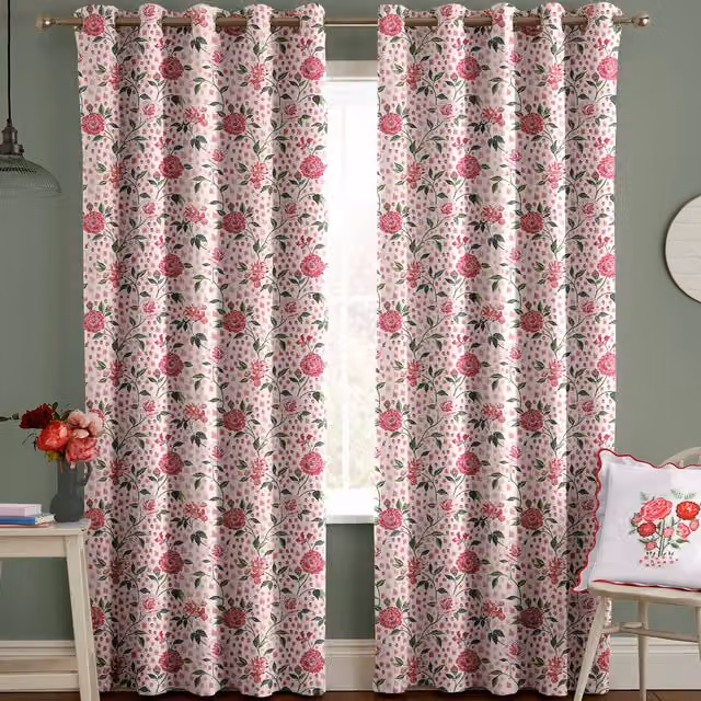 Cath Kidston Pink Floral Cotton Blackout Eyelet Fabric Curtain Panel