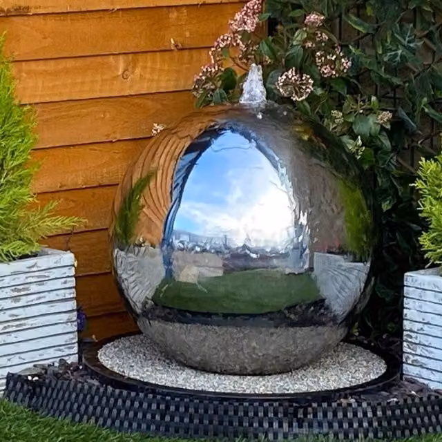 Tranquillity Water Features Modern Stainless Steel Sphere Water Fountain, Grey, Diameter: 50 cm
