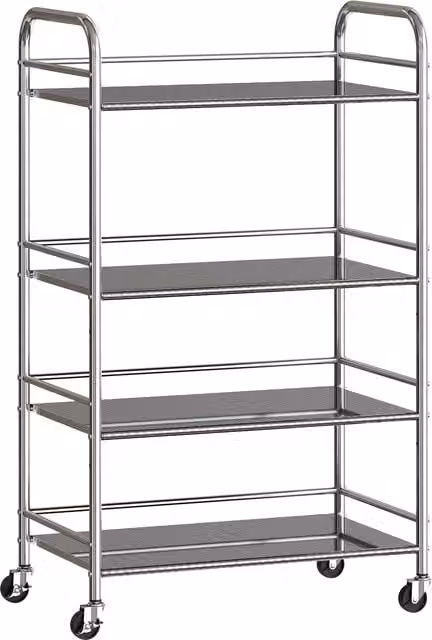 HOMCOM 4 Tier Stainless Steel Kitchen Storage Trolley with Adjustable Shelves, Silver