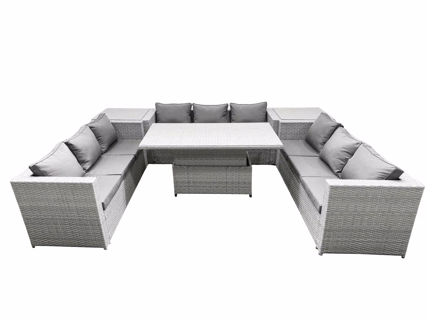 Fimous U Shape Rattan Garden Furniture Set in Light Grey with Adjustable Rising Lifting Table and 2 Side Coffee Tables – 2