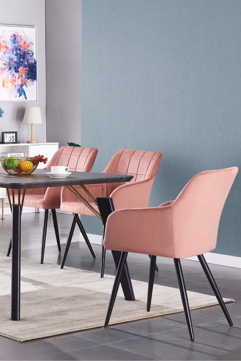 Life Interiors Camden Modern Velvet Dining Chair with Armrests and Black Metal Legs in Pink – 5