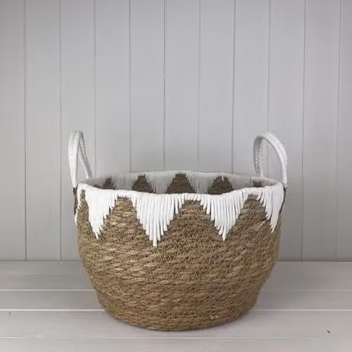 Four Candle Round Woven Seagrass Storage Basket in White, Beige or Brown, Diameter: 38 cm