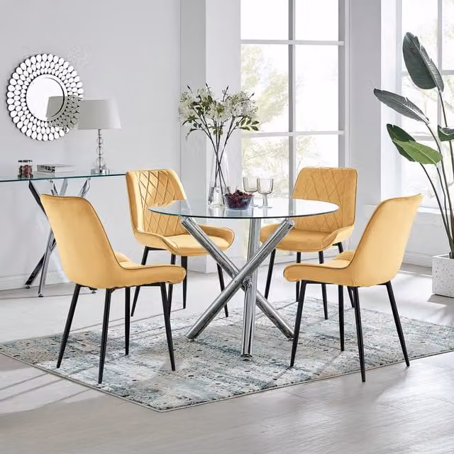 FurnitureboxUK Selina Round Glass Dining Table with Four Yellow Pesaro Chairs and Black Legs – 1