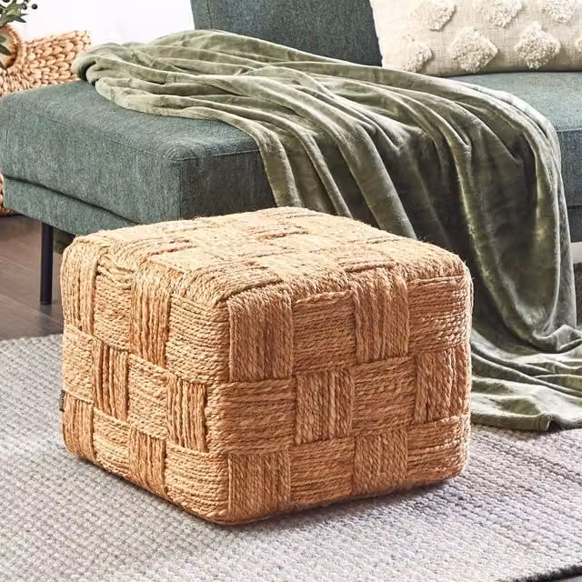 Wyld and Coco Beige Boho Rattan Pouf Ottoman, W/D/H: 50 x 50 x 50 cm