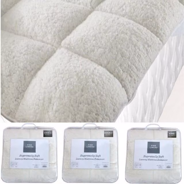 Fine Linen Super Soft Teddy Fleece Mattress Topper in White, W: 150 cm x D: 200 cm