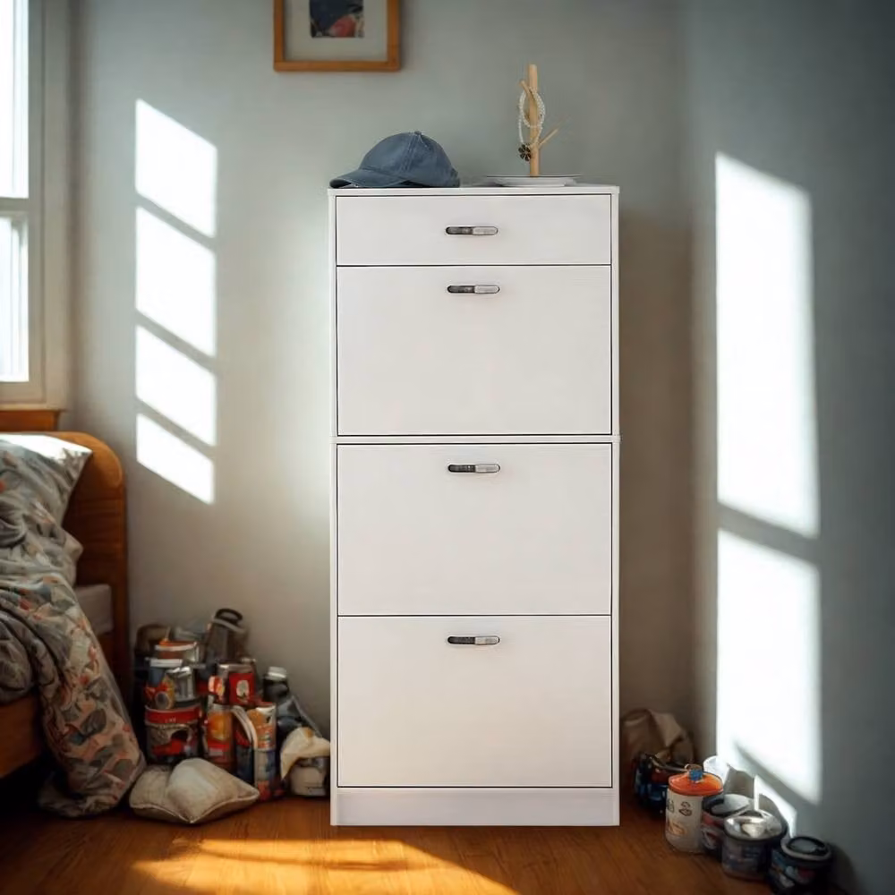 Pirlo Plush White Glossy Hallway Shoe Storage Cabinet with 4 Tilting Compartments and Internal Shelves, H 135 x W 62 x D 24 cm – 2