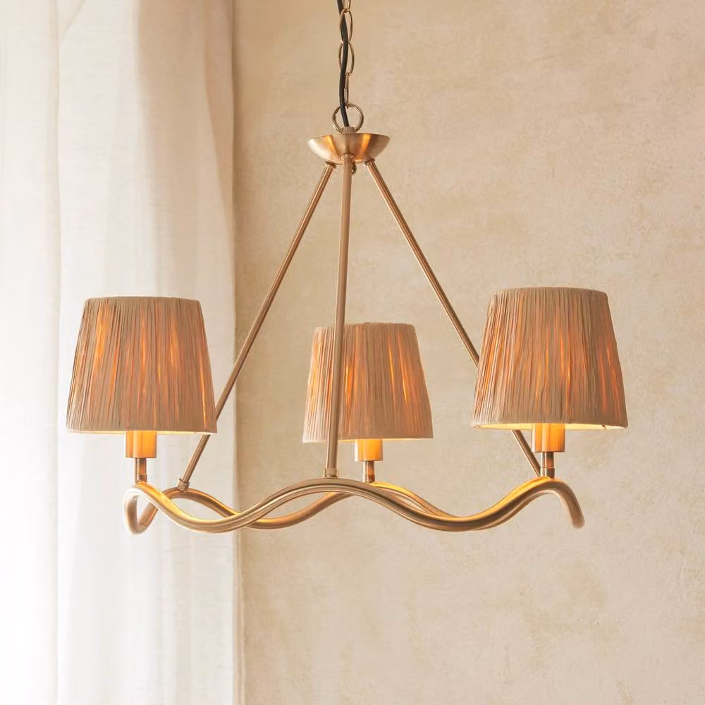 Netlighting Wriggle Multi Arm Pendant Light in Gold/Brass with Raffia and 3x E14 Sockets – 2